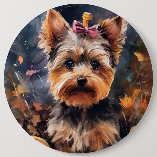 Halloween Biewer Terrier With Pumpkins Scary Button (Front)