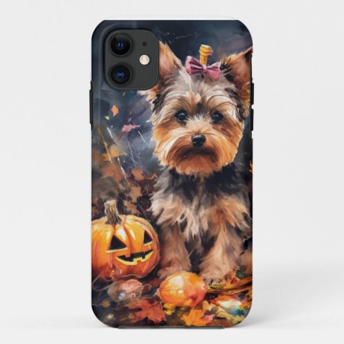 Halloween Biewer Terrier With Pumpkins Scary iPhone 11 Case