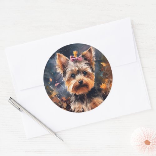 Halloween Biewer Terrier With Pumpkins Scary Classic Round Sticker