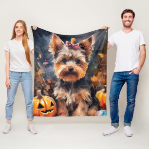 Halloween Biewer Terrier With Pumpkins Scary Fleece Blanket