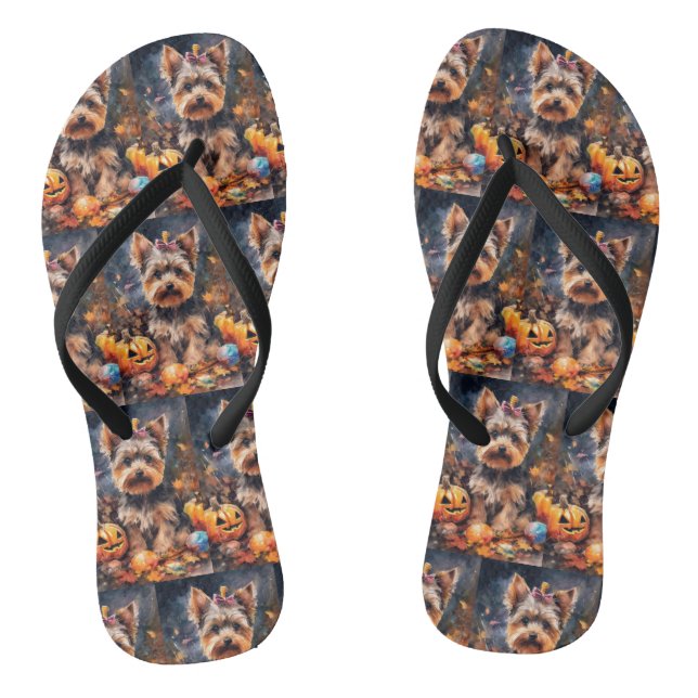 Halloween Biewer Terrier With Pumpkins Scary Flip Flops (Footbed)