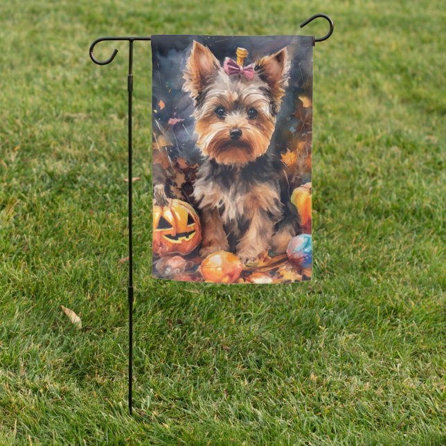 Halloween Biewer Terrier With Pumpkins Scary Garden Flag (In SItu)