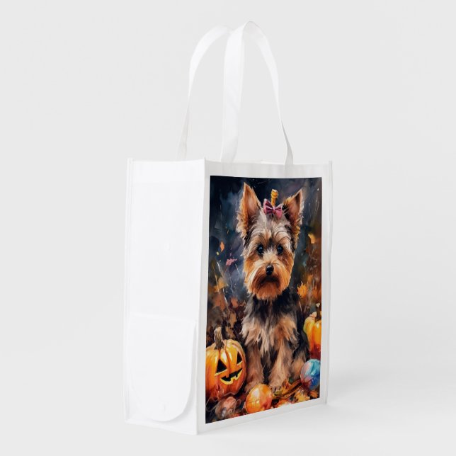 Halloween Biewer Terrier With Pumpkins Scary Grocery Bag (Front Side)
