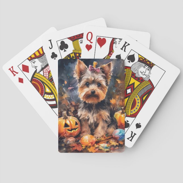 Halloween Biewer Terrier With Pumpkins Scary Poker Cards (Back)