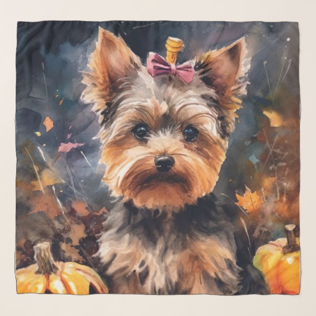 Halloween Biewer Terrier With Pumpkins Scary Scarf (Front)