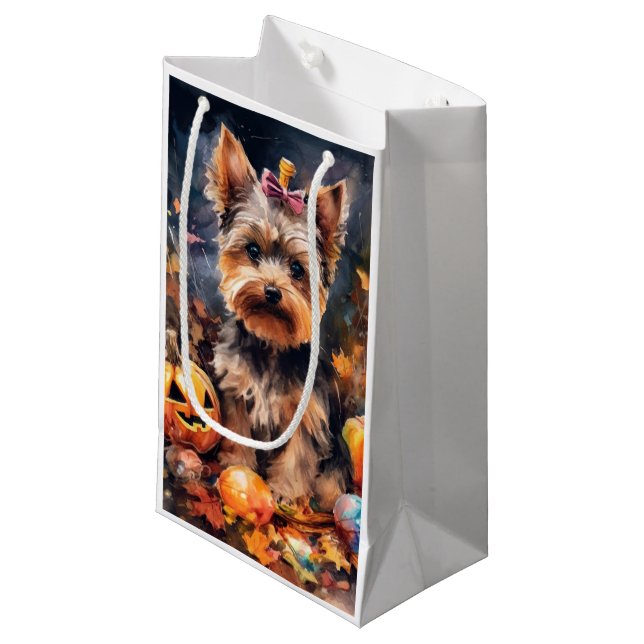 Halloween Biewer Terrier With Pumpkins Scary Small Gift Bag (Front Angled)