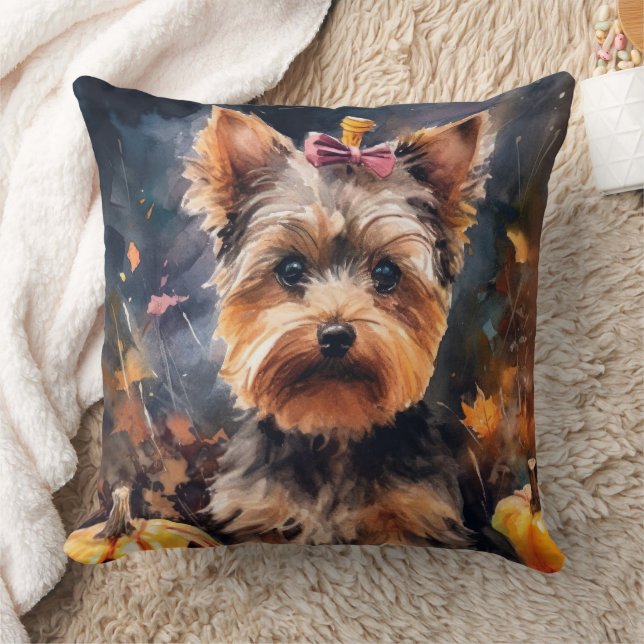 Halloween Biewer Terrier With Pumpkins Scary Throw Pillow (Blanket)