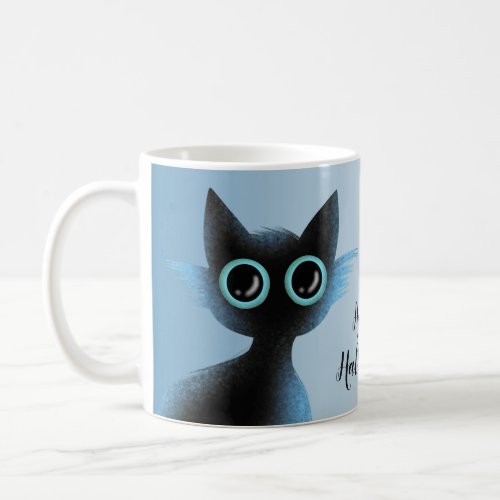 Halloween Big Eyes Black Blue Evil Cat Coffee Mug