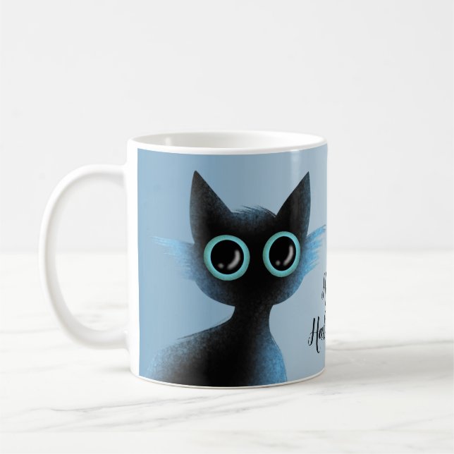 Halloween Big Eyes Black Blue Evil Cat Coffee Mug (Left)