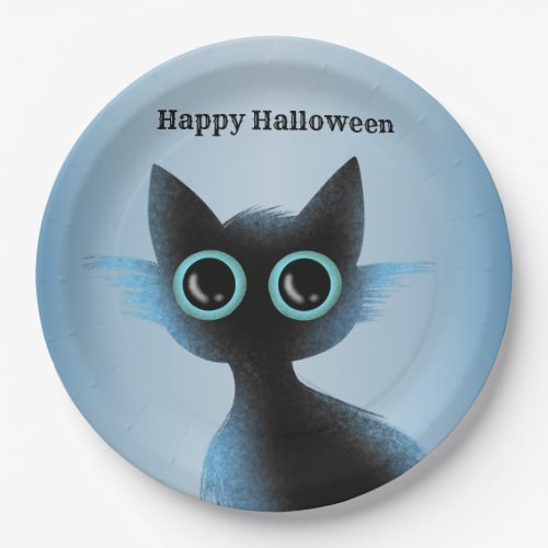 Halloween Big Eyes Black Blue Evil Cat Paper Plates