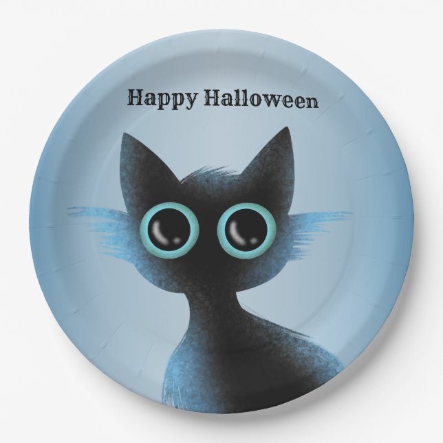Halloween Big Eyes Black Blue Evil Cat Paper Plates (Front)