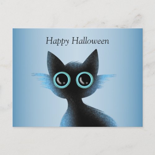 Halloween Big Eyes Black Blue Evil Cat Postcard