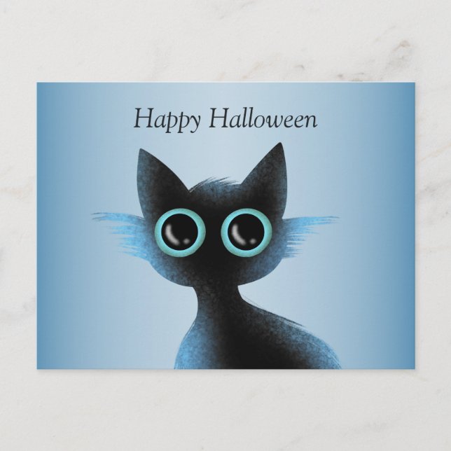 Halloween Big Eyes Black Blue Evil Cat Postcard (Front)
