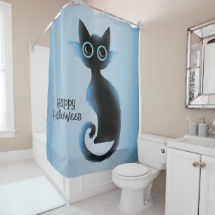 Halloween Big Eyes Black Blue Evil Cat Shower Curtain