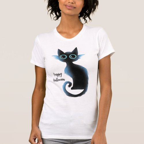 Halloween Big Eyes Black Blue Evil Cat  T_Shirt