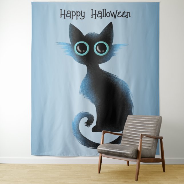 Halloween Big Eyes Black Blue Evil Cat Tapestry (In Situ)