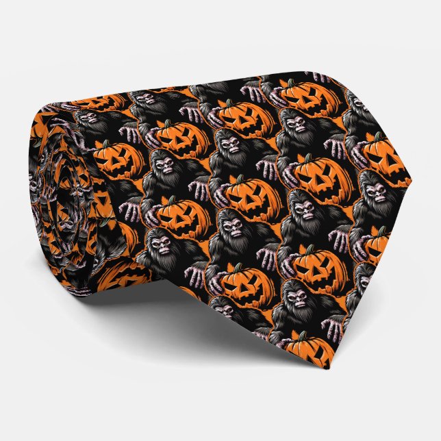 Halloween Bigfoot Pumpkin Scare Neck Tie (Rolled)