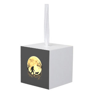 Halloween Bigfoot Walking Labrador Under Full Moon Cube Ornament