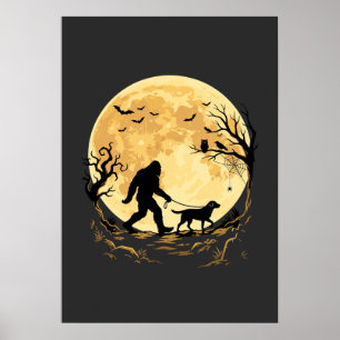 Halloween Bigfoot Walking Labrador Under Full Moon Poster