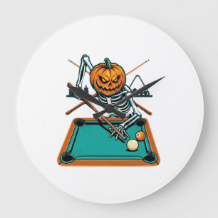 Halloween Billiards Pumpkin Skeleton Pool Large Clock