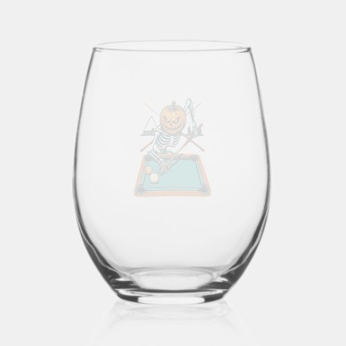 Halloween Billiards Pumpkin Skeleton Pool Stemless Wine Glass
