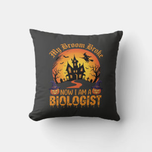 Halloween Biologist Witch Pumpkin Haunted House De Throw Pillow