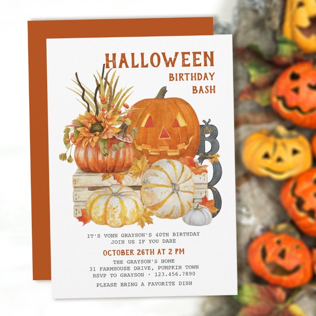 Halloween Birthday Bash Rustic Farmhouse Pumpkin Invitation (Creator Uploaded)