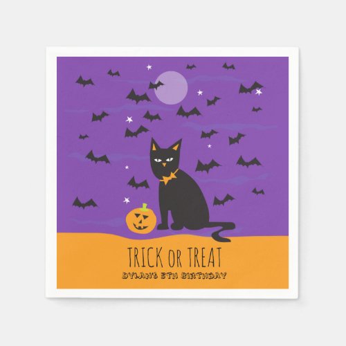 Halloween Birthday Black Cat and Bats Paper Napkin