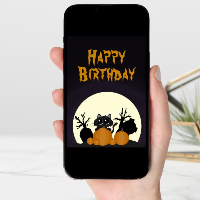 Halloween Birthday Black Cat Pumpkins Graveyard Card (Front Digital)