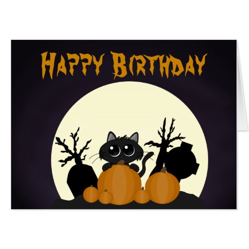 Halloween Birthday Black Cat Pumpkins Graveyard Card