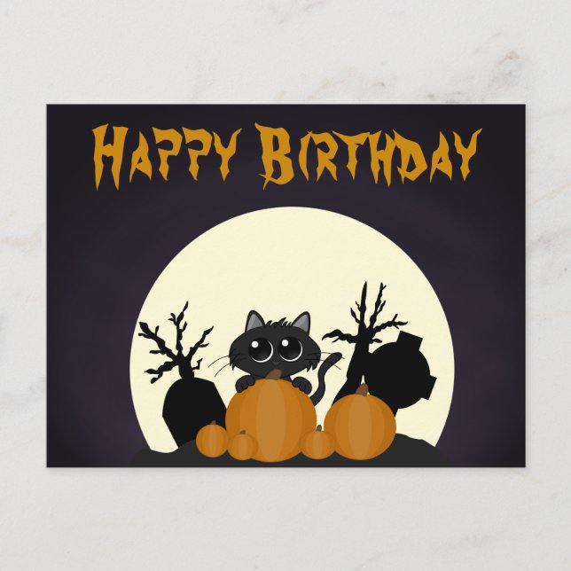 Halloween Birthday Black Cat Pumpkins Graveyard Holiday Postcard (Front)