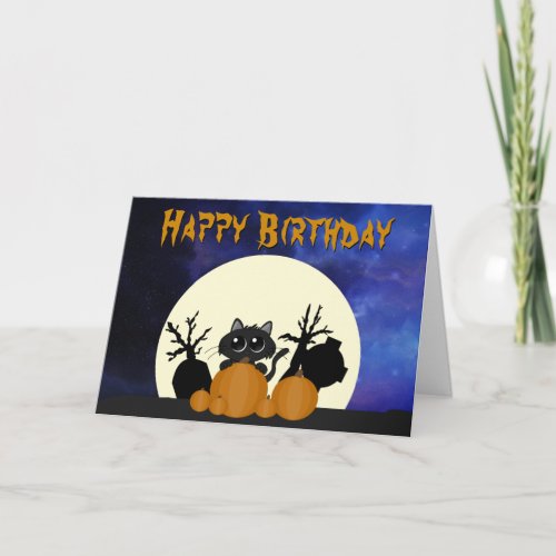 Halloween Birthday Black Cat w Pumpkins Graveyard Card
