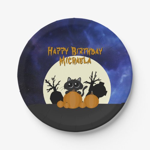 Halloween Birthday Black Cat w Pumpkins Graveyard Paper Plates