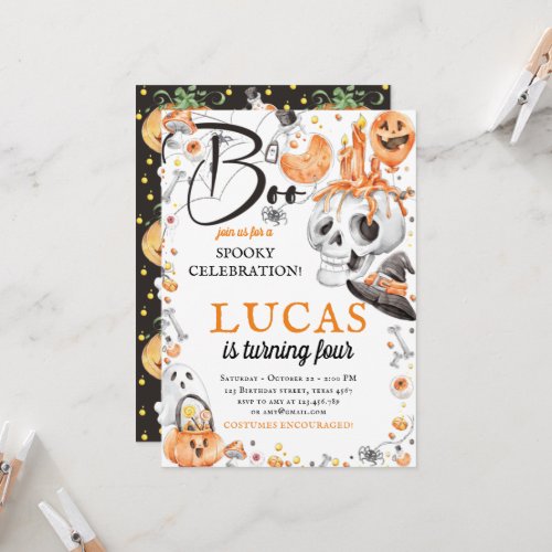 Halloween Birthday Black Orange Watercolor Invitation
