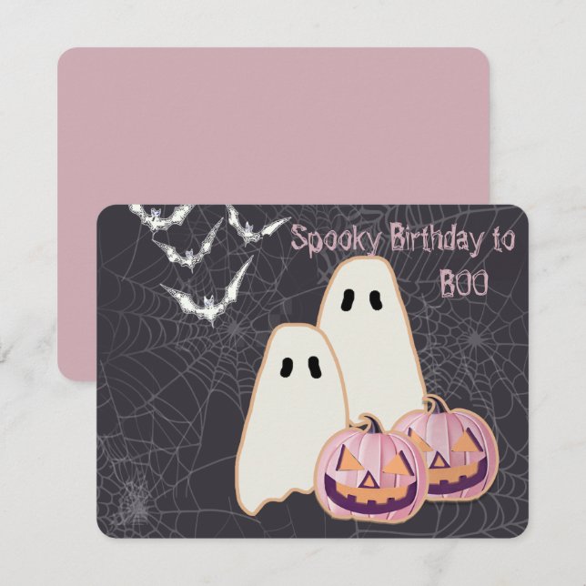 Halloween Birthday Card Ghost Pink Pumpkin JOL Bat (Front/Back)