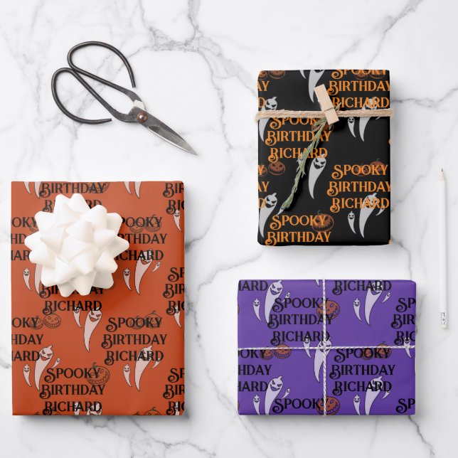 Halloween Birthday Custom Text Spooky Ghosts 3 Wrapping Paper Sheets (Front)