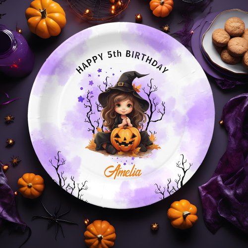 Halloween Birthday Cute Little Witch Paper Plates