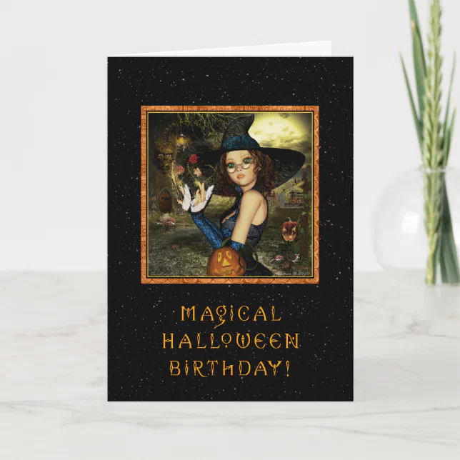 Halloween Birthday - Cute Witch Star Sky Card | Zazzle