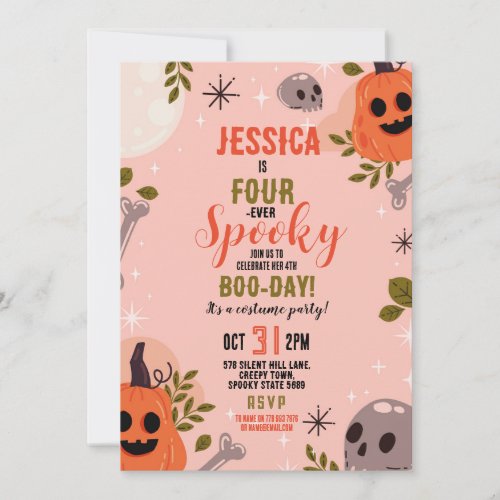 Halloween Birthday FOURever 4th Girls Party Ghosts Invitation