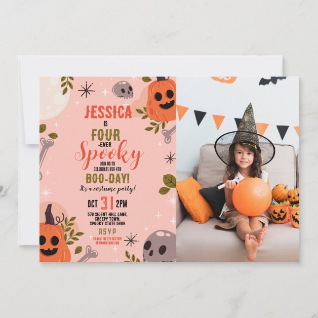 Halloween Birthday FOURever 4th Girls Party Photo Invitation (Front)