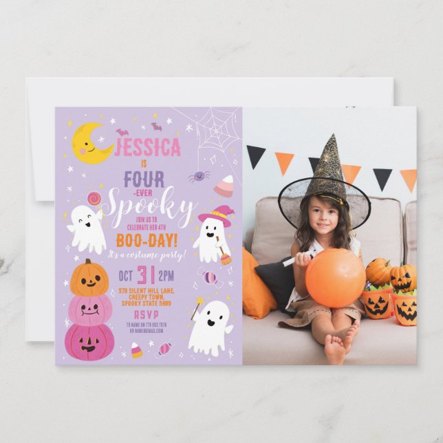 Halloween Birthday FOURever 4th Girls Party Photo Invitation (Front)
