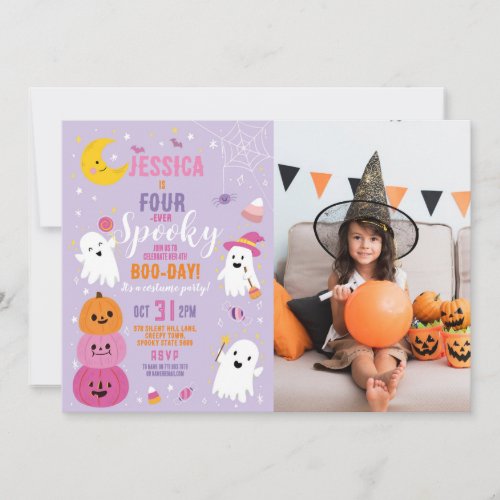 Halloween Birthday FOURever 4th Girls Party Photo Invitation