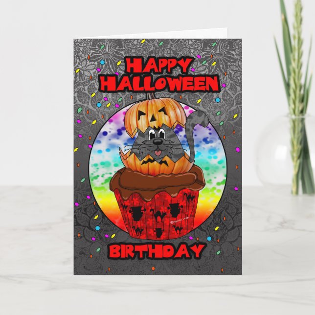 halloween birthday greeting card with cupcake cat (Front)