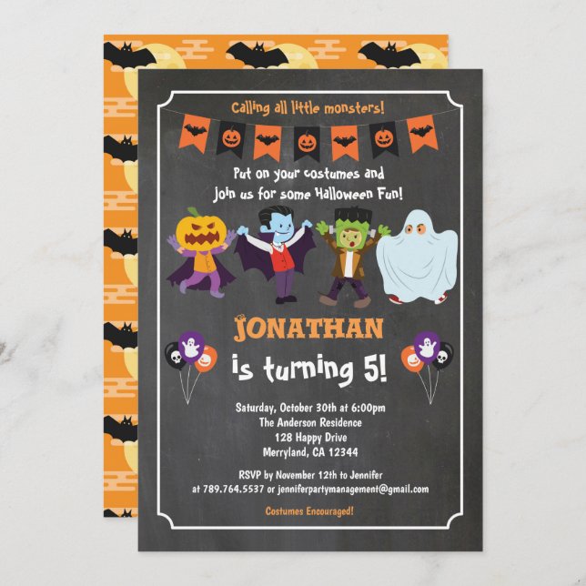 Halloween birthday invitation for kid chalkboard (Front/Back)