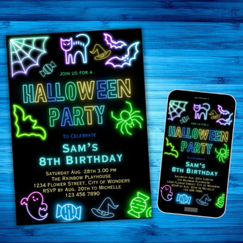 Halloween Birthday Invitation Kids Neon Party