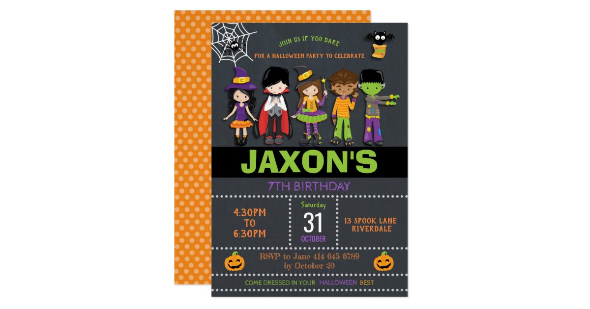 Halloween Birthday Kids Costume Party Invitation Zazzle Com