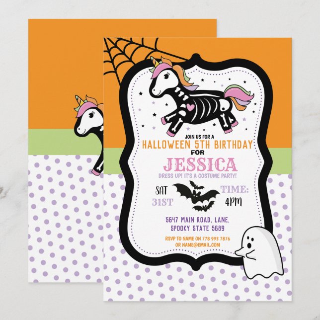 Halloween Birthday Kids Unicorn Skeleton Bats Invitation (Front/Back)