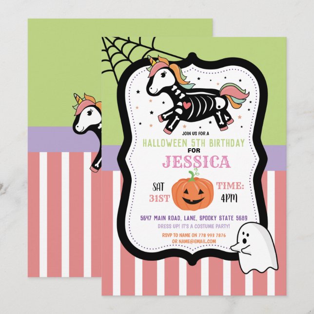 Halloween Birthday Kids Unicorn Skeleton Fun Invitation (Front/Back)