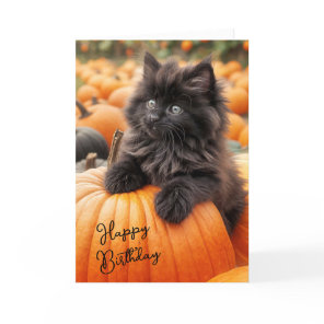Halloween Birthday Kitten On Pumpkin Card