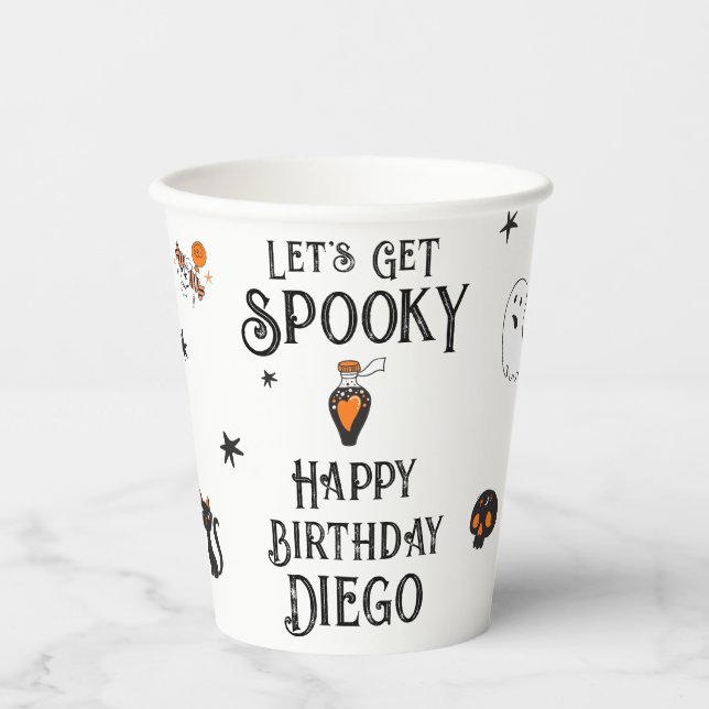 Halloween Birthday "Let's Get Spooky" Doodles Paper Cups (Front)